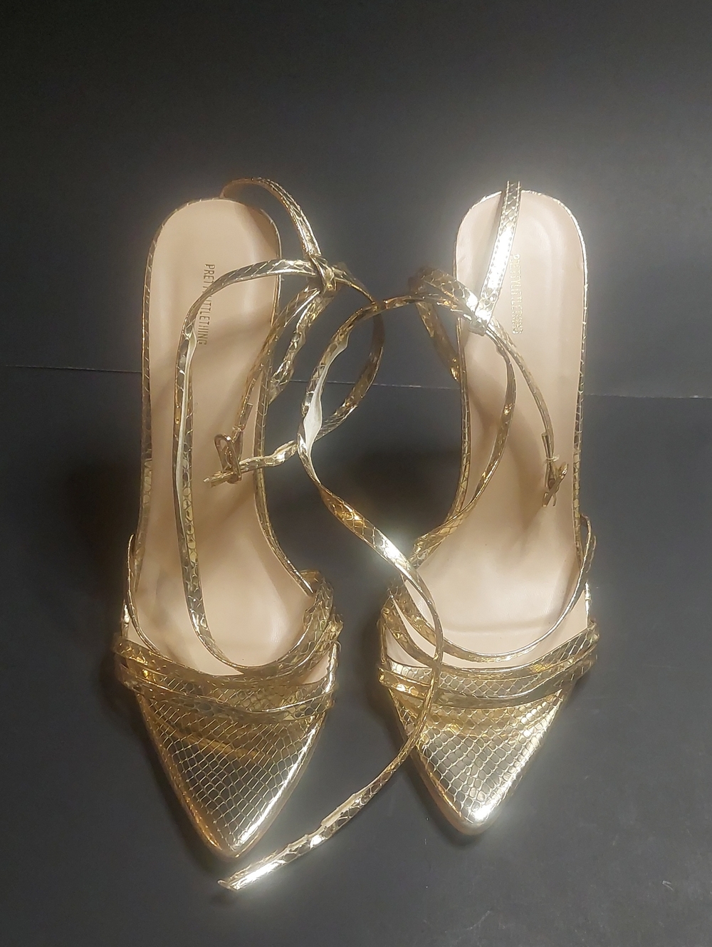 PrettyLittleThing Metallic Gold Pointed-Toe Strappy Heels